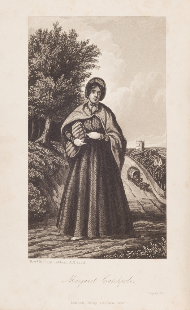 Black and white drawing of a woman wearing a dress and a bonnet. She is standing outside with plants and a large tree to the left, and a carriage being pulled by horses in the distance behind her. There is a house and stone building in the distance to the right, amongst trees. Text at the bottom of the drawing says ‘Margaret Catchpole’.