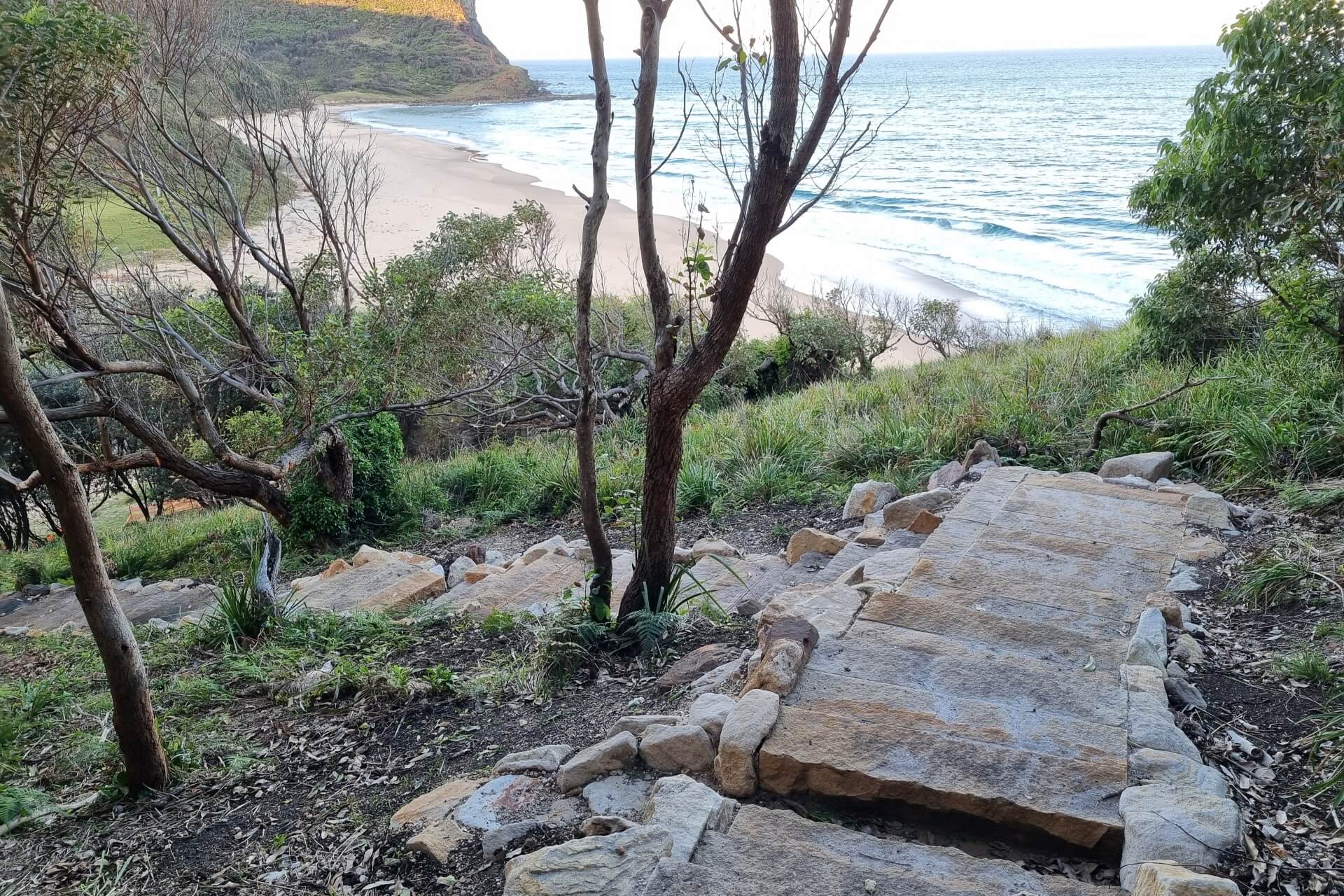 Stone steps lead down a hillside dotted with trees to a sandy beach beneath a headland