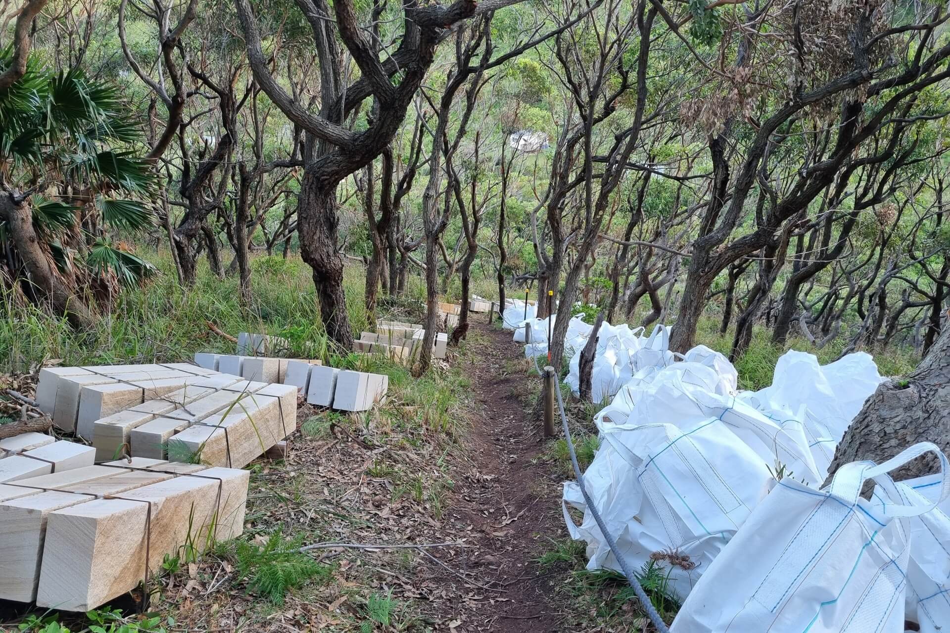 Sandstone blocks and white bags containing building materials line a dirt track that descends through a forested hillside