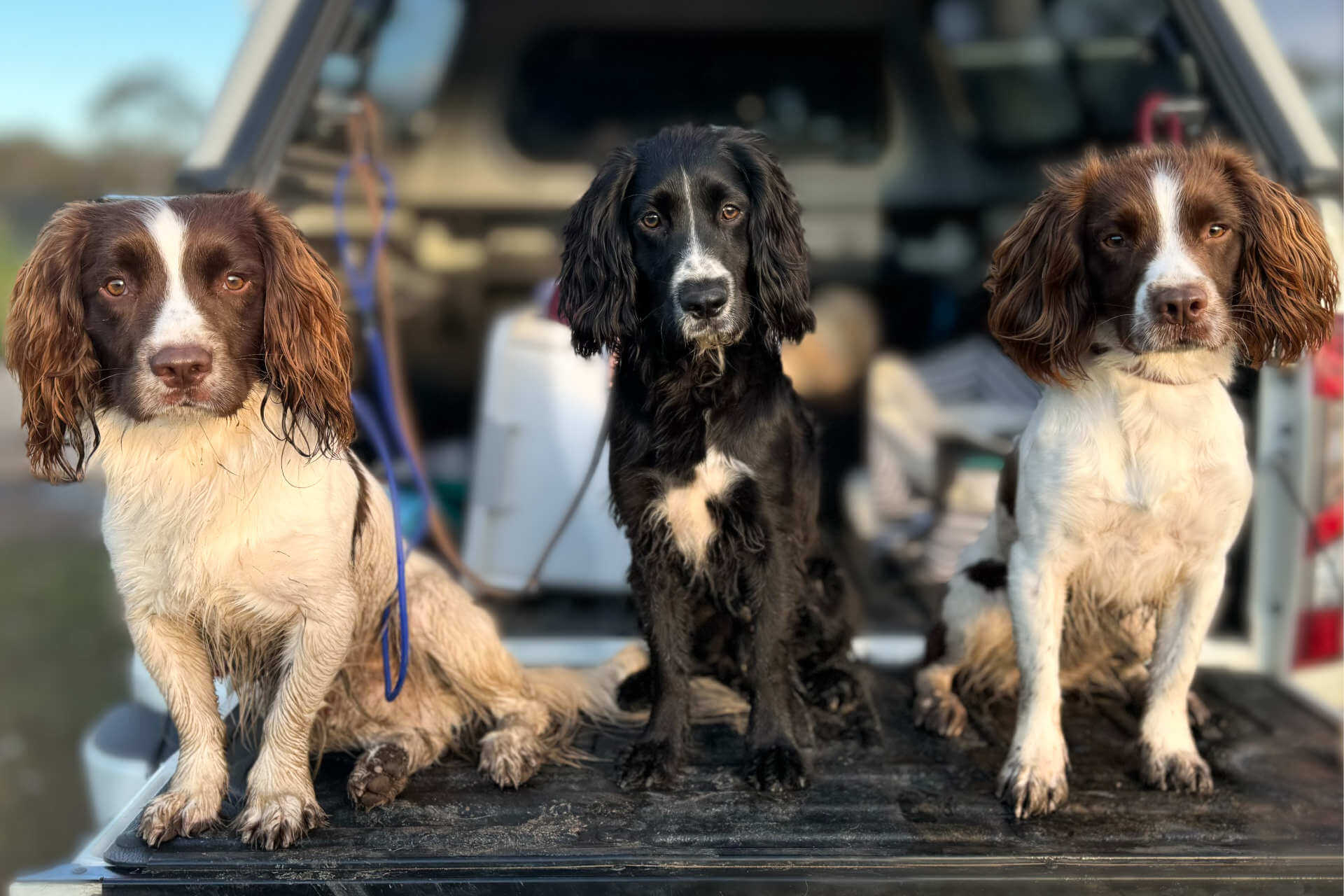 Two brown-and-white spaniels and one black-and-white spaniel sitting on the tailgate of an SUV, gazing seriously toward the camera