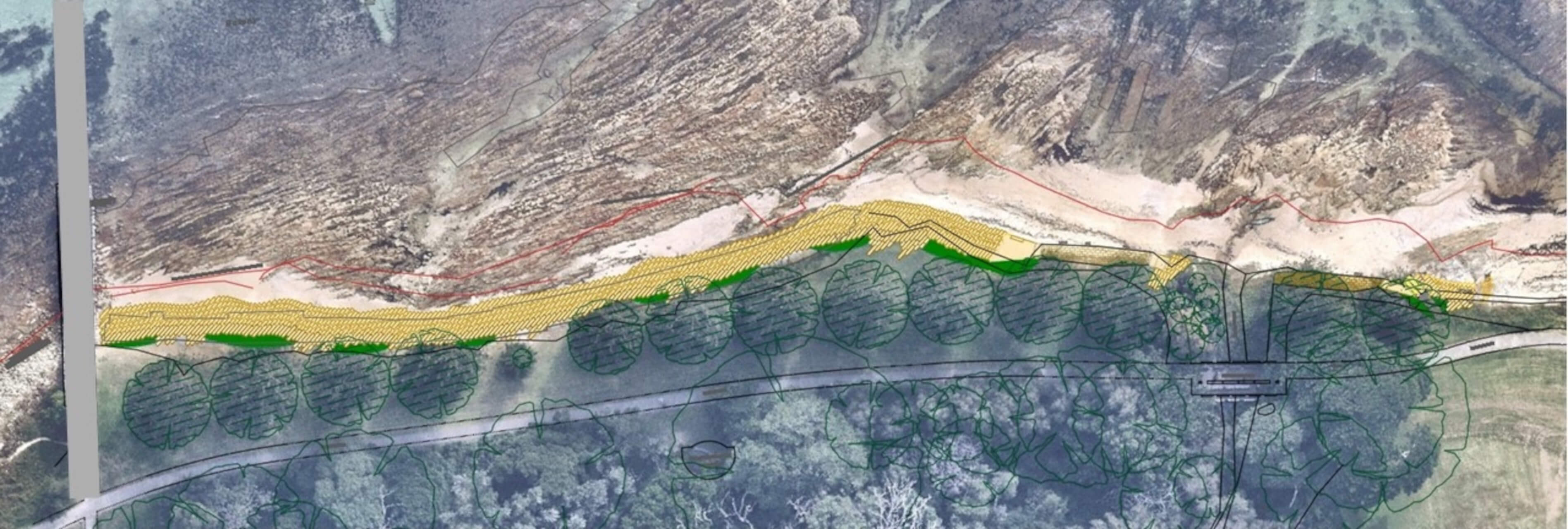 Drawing of an overhead view of the location of the revetment wall along the shoreline at Kurnell