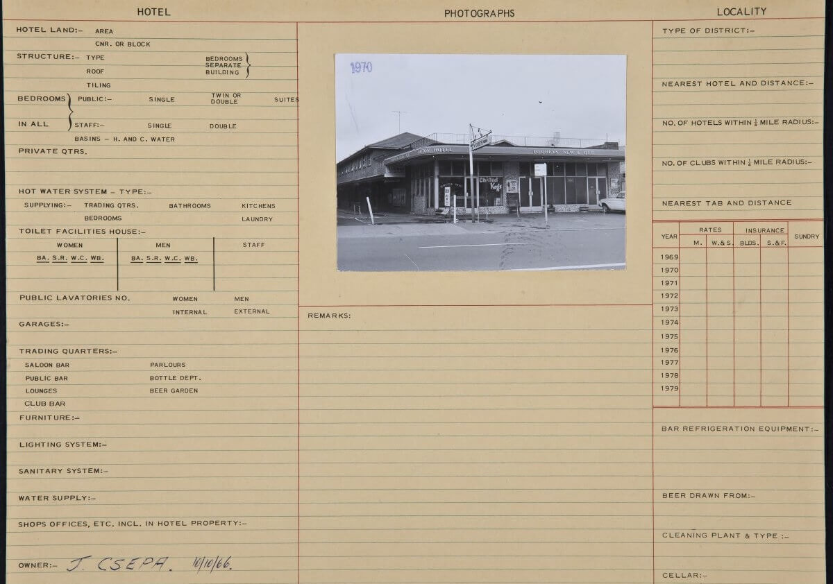 Yellow printed card from the Clifton Hotel, issued by Tooth and Company around 1970. The card includes unfilled printed fields detailing hotel land area, structure, number of bedrooms, hot water system type, lighting and sanitary systems, and associated shops or offices. A historical example of mid-century hotel documentation.