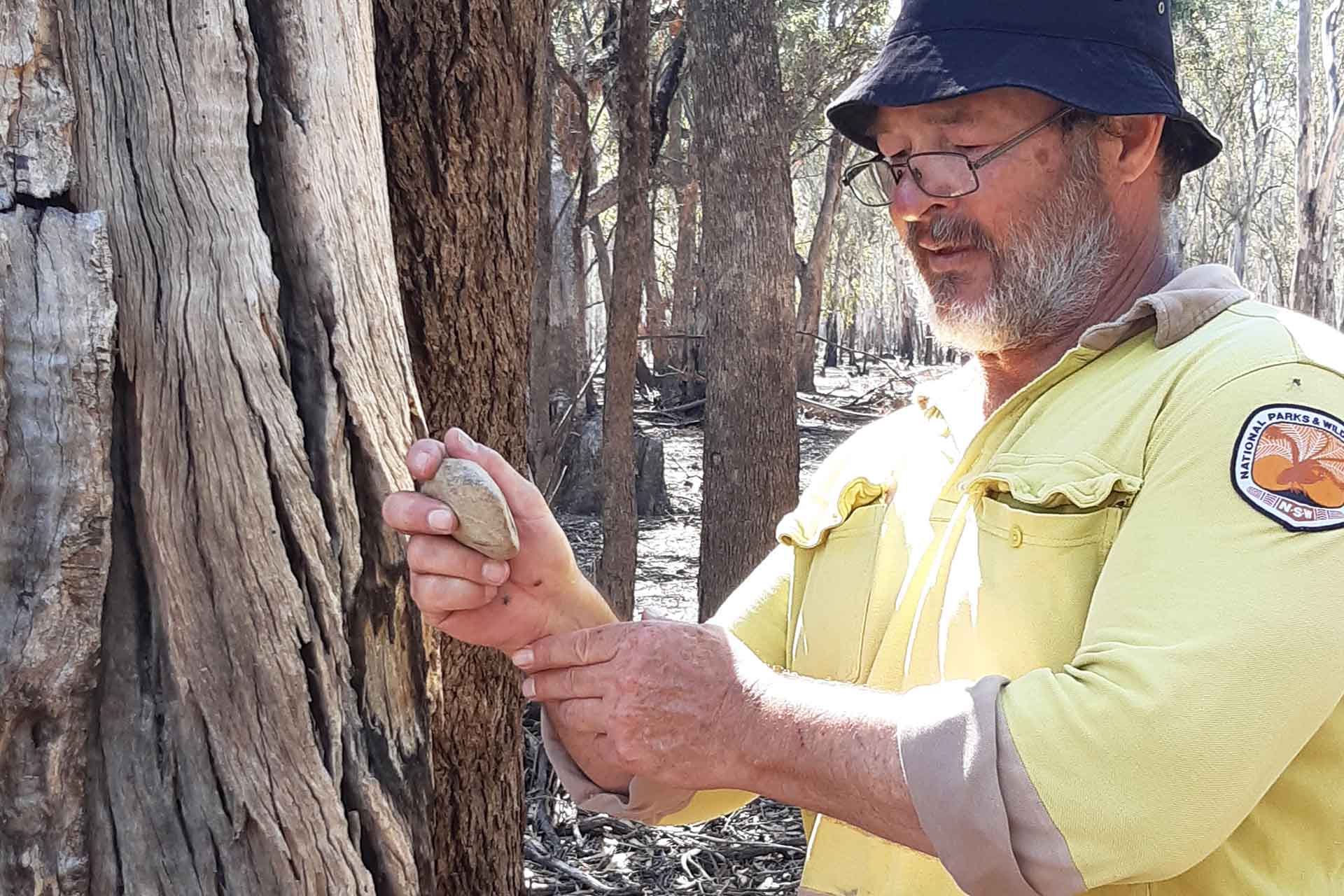Man in NPWS uniform stands by a tree holding a stone axe.