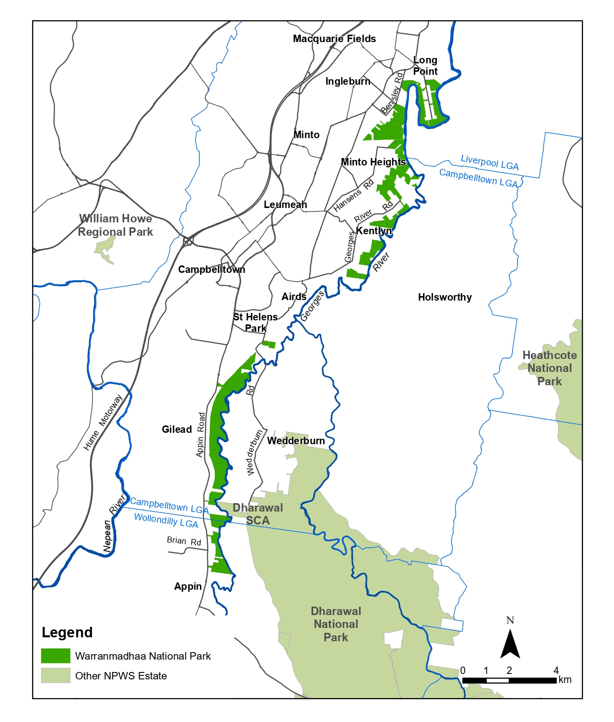 Map showing the current area of Warranmadhaa National Park along the Georges River