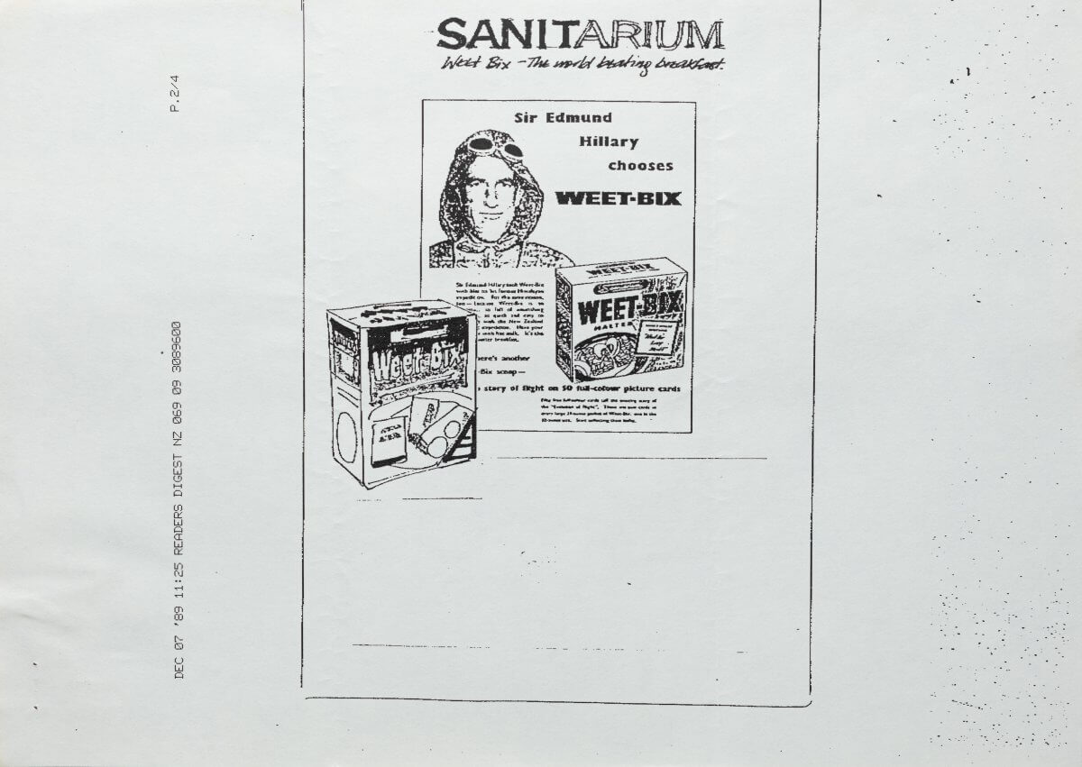 Black and white advertisement for Sanitarium's Weet-Bix cereal from Reader's Digest, dated 7 December 1989. The ad features a bold heading 'SANITARIUM' with the tagline 'Weet-Bix – The world's besting breakfast.' An image of Sir Edmund Hillary is shown with the caption 'Sir Edmund Hillary chooses WEET-BIX.' Two Weet-Bix cereal boxes are displayed—one on the left showing various angles of the packaging, and one on the right with nutritional information.