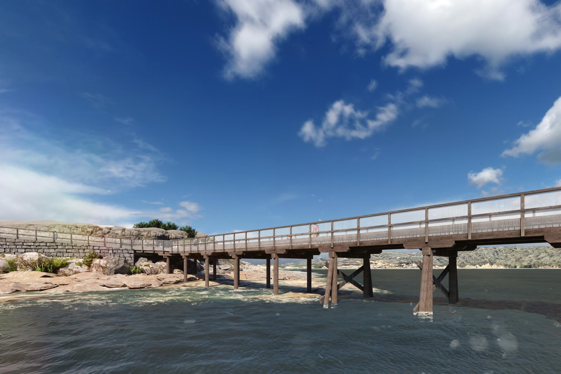 Computer-generated image of the side of a pedestrian bridge, with timber piles, extending over water