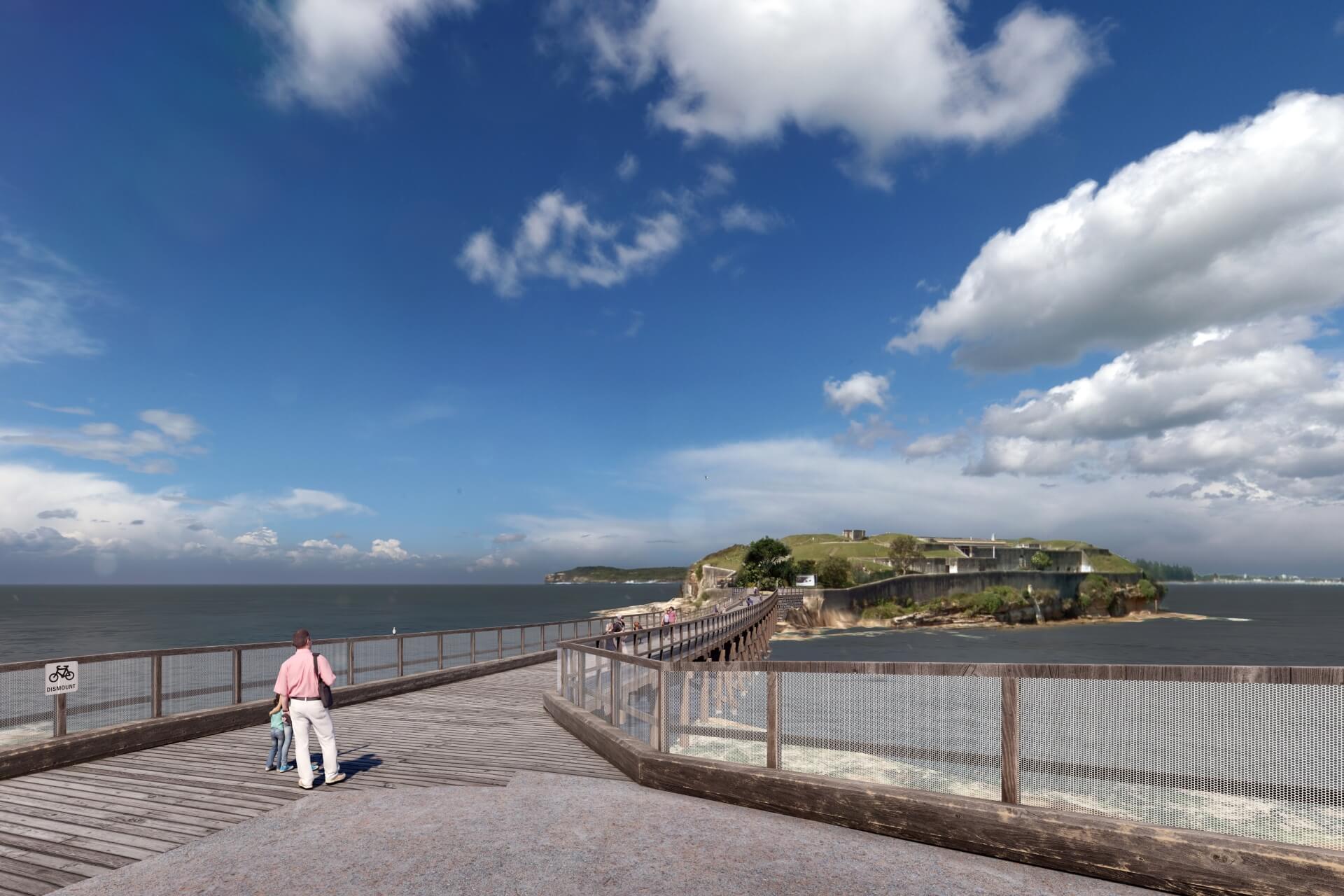 Computer-generated image of people walking along a pedestrian bridge towards a small island surrounded by the sea