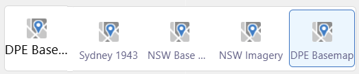 A series of 5 map pin icons in a row, the last of which is called 'DPE Basemap' and highlighted in light blue