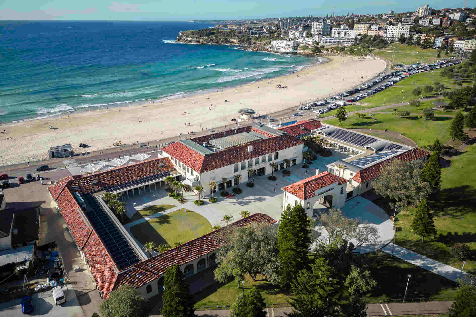 Aerial image of Bondi Pavilion, showing solar panels on the roof top of the state heritage-listed property