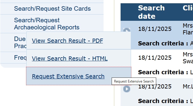 Interface showing menu and 'request extensive search' option
