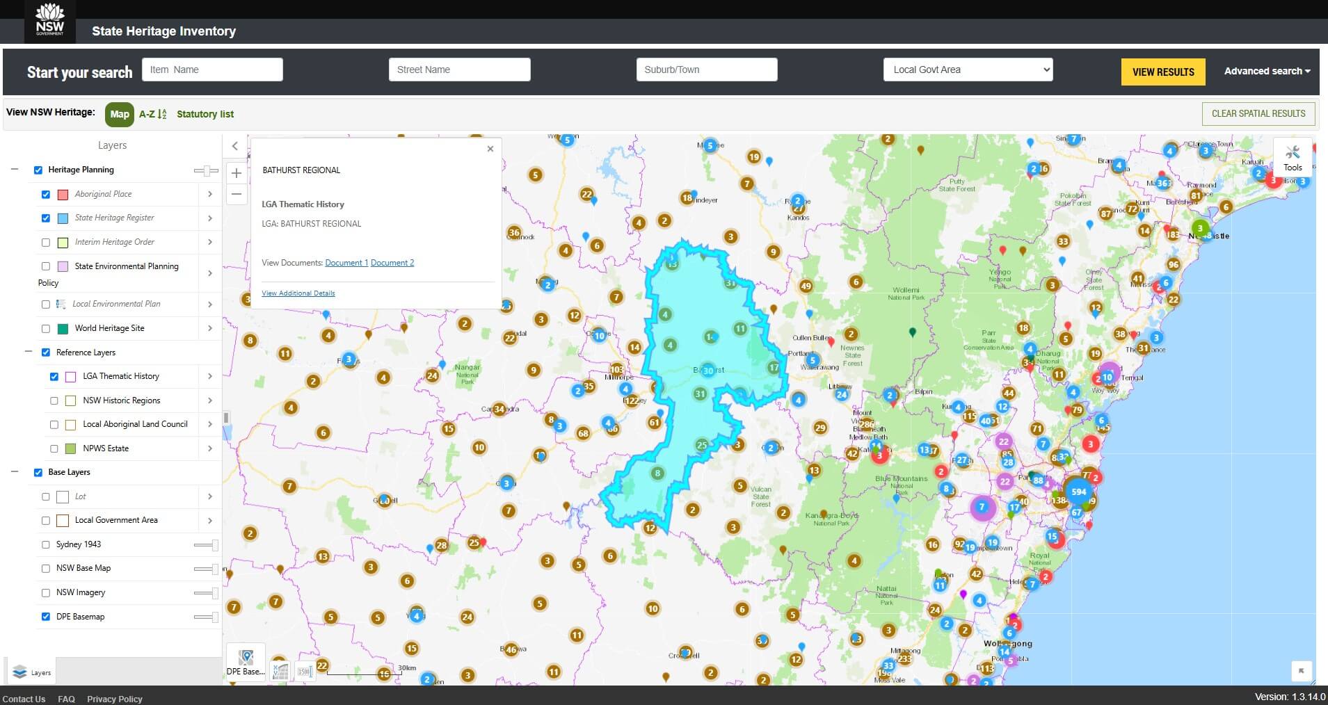 A map showing many coloured pins and a local government area highlighted in light blue