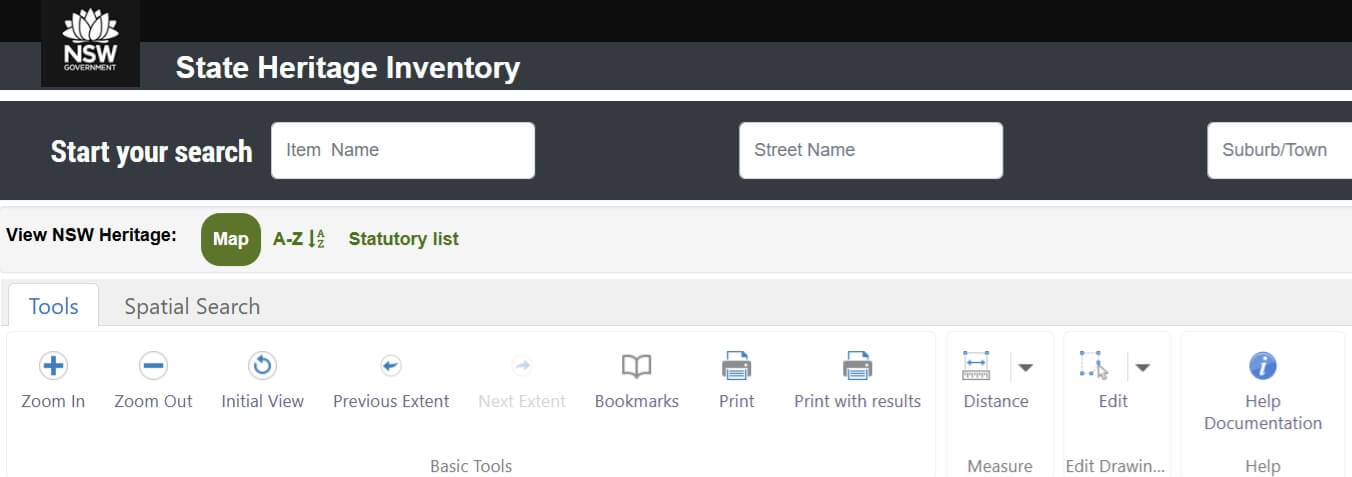 A toolbar for the State Heritage Inventory site, featuring icons and text for zoom settings, printing, editing, help and so on.