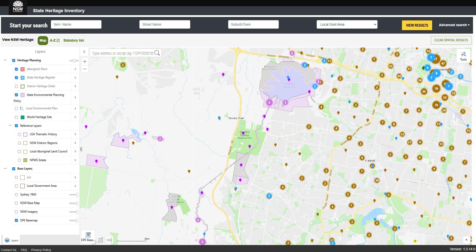 A map featured many coloured pins and shaded areas representing 'layers'. There is a red Aboriginal Place layer and a blue State Heritage Register layer.