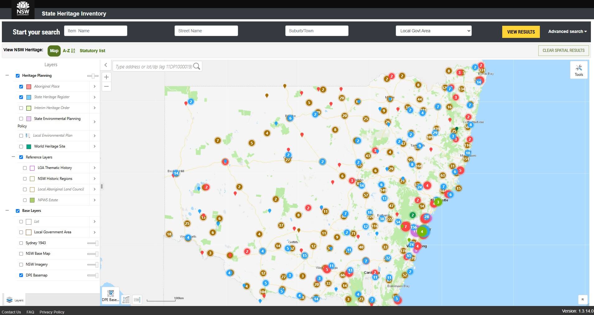 A map of NSW with coloured pins, where a single heritage item is shown by a coloured teardrop pin and a cluster of heritage items is shown by a coloured circle with a white number in the centre.
