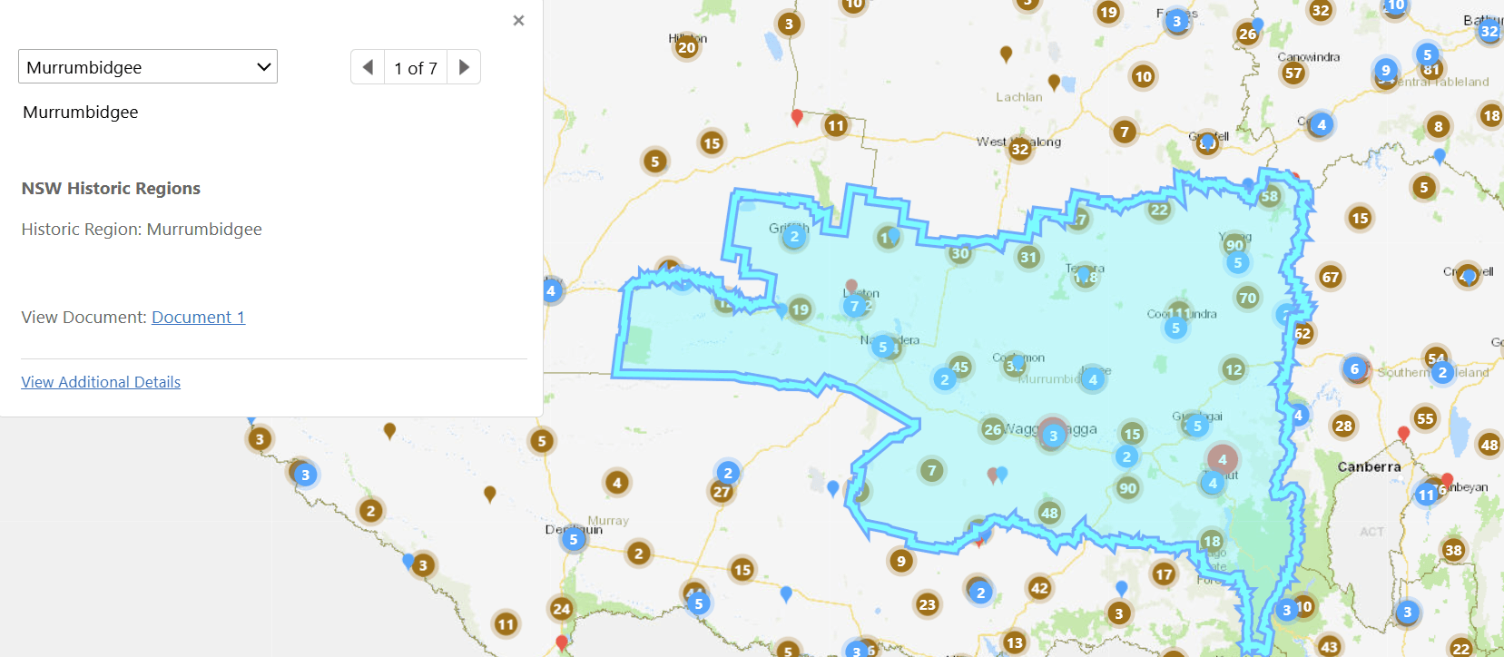 A map showing many coloured pins and a NSW Historic Region highlighted in light blue. A text box over the map says 'Historic region: Murrumbidgee'.
