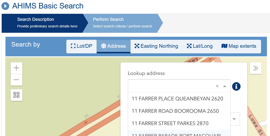 Interface showing street address entry and map viewer