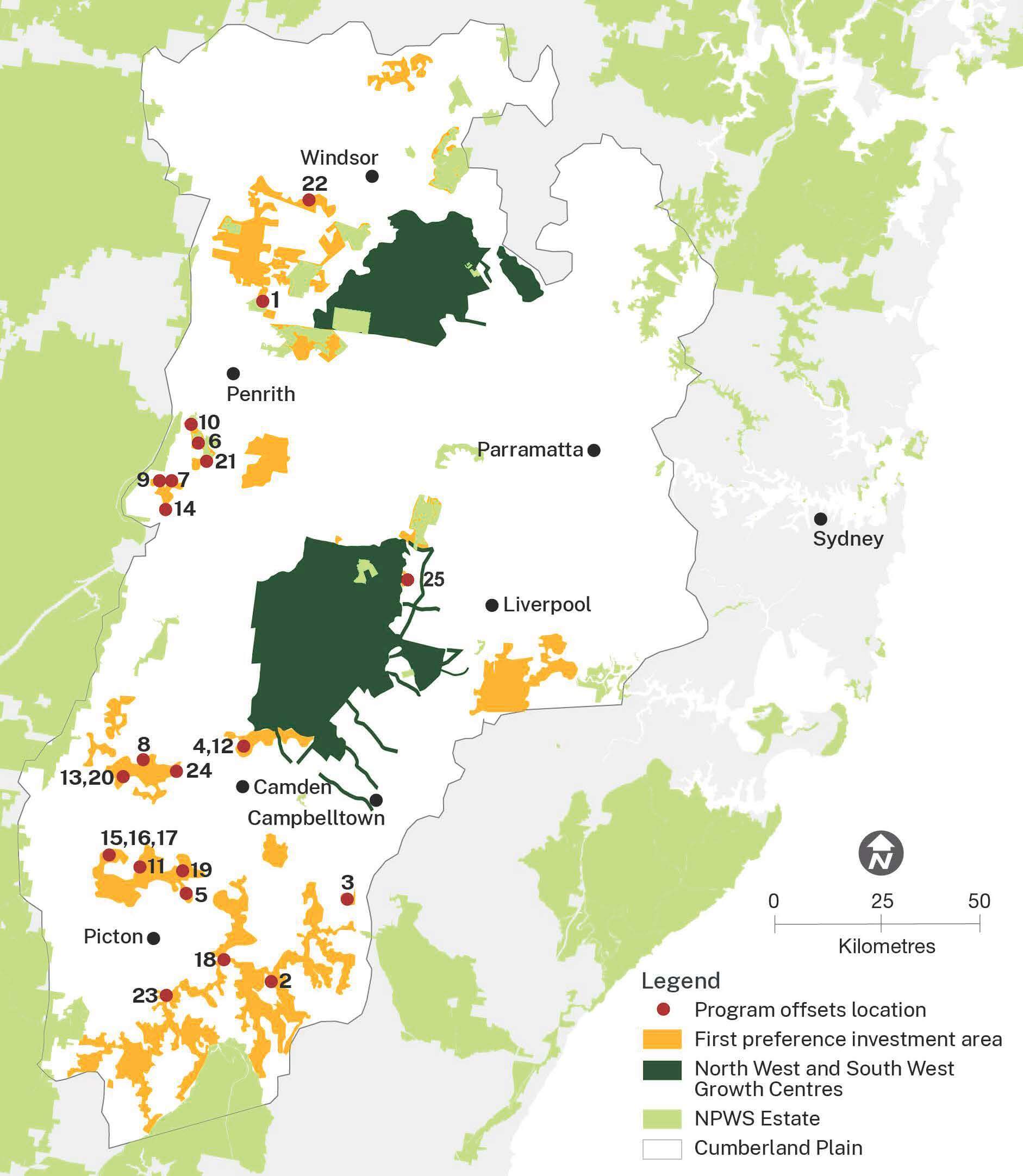 A map showing 25 sites in the Sydney region protected by the Growth Centres Biodiversity Offset Program as well as first preference investment areas (orange), north west and south west growth centres (black), Cumberland Plain (white) and national parks (green).