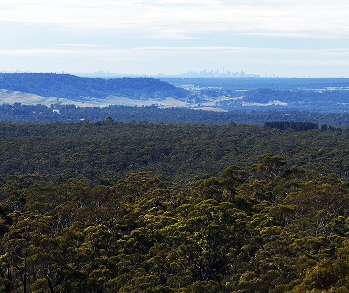 The view of the Sydney skyline over rugged bushland from the Powerline Trail in the Bargo State Conservation Area