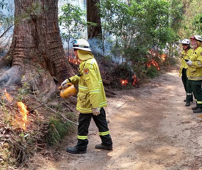 3 national parks personnel undertaking hazard reduction burning, Morton National Park