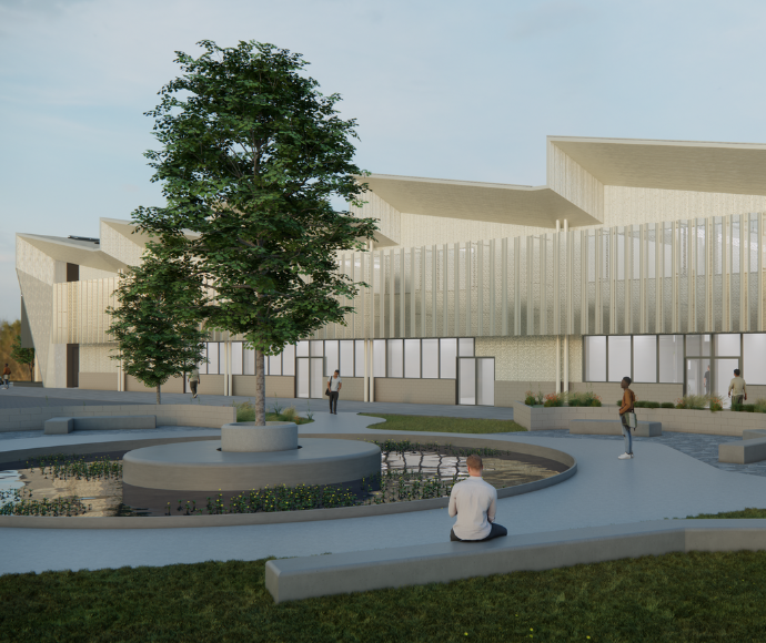 Sleek building with stepped roof overlooks plaza with water feature and tree.