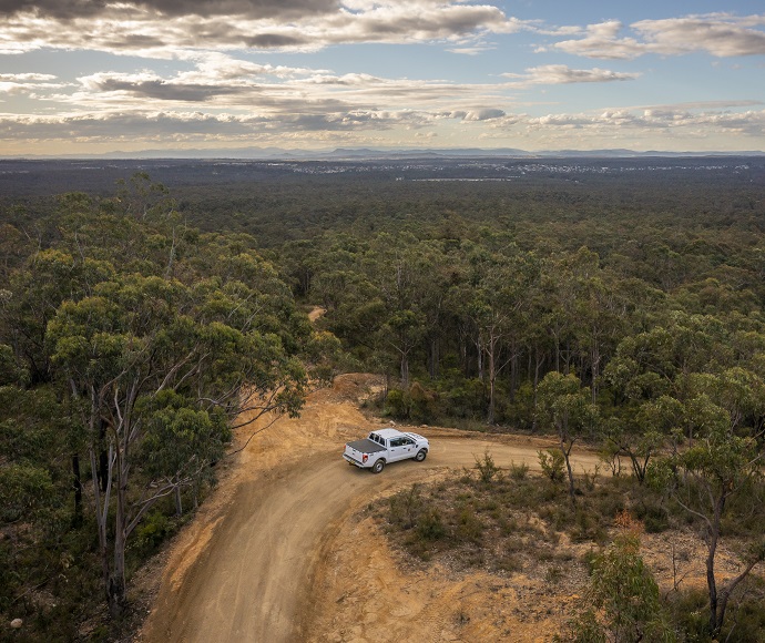 Aerial view of a vehicle on the Kitchener East Trail, Werakata National Park